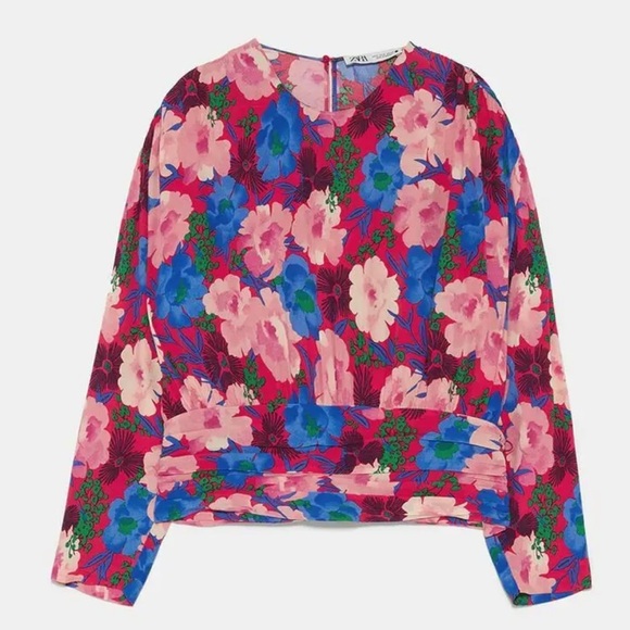 🦋 Bloggers Favorite 🦋 Zara Floral Top Long Sleeve Crop Waistband Sz M - Picture 13 of 16